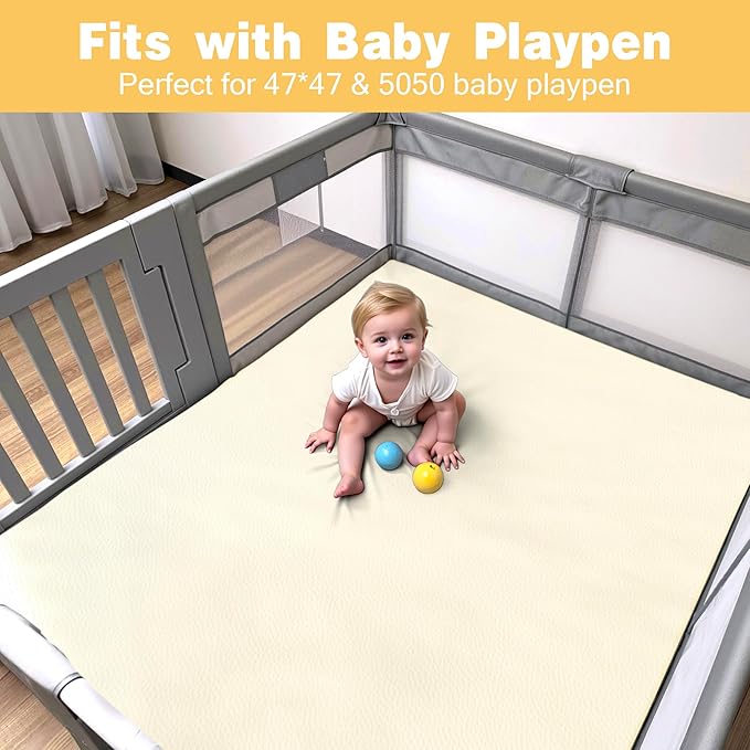 Padded 48" ×48" Baby Play Mat for Floor, 1.2" Thick Memory Foam Playmat with Soft Vegan Leather Cover, Cushioned Play Mat for 50" x50" Playpens, Beige