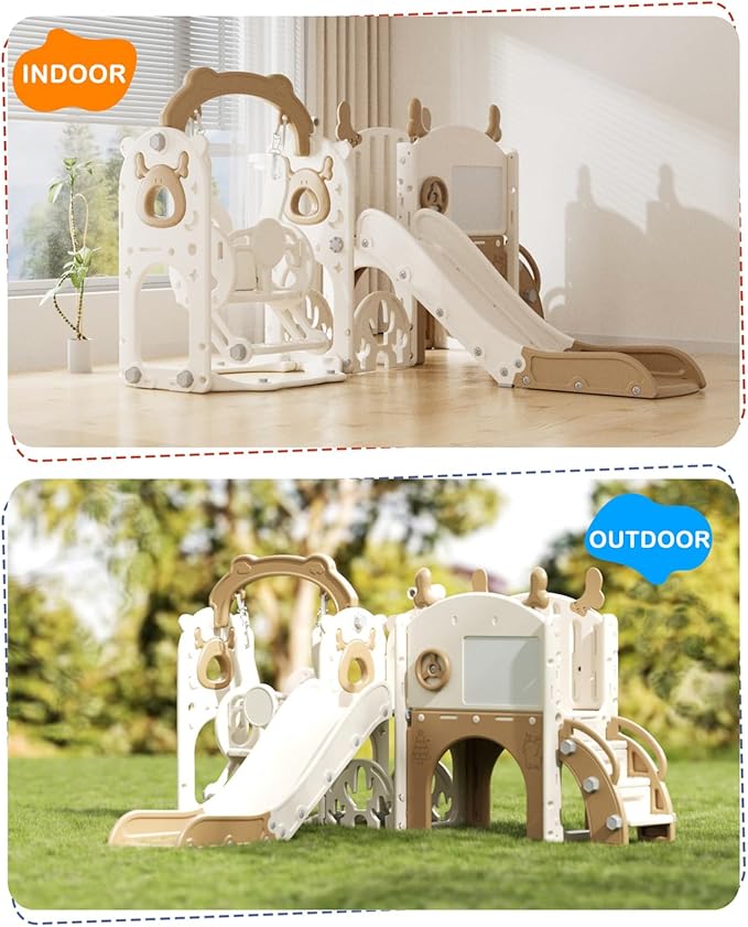 XJD 13-in-1 Toddler Slide and Swing Set, Kids Slide for Toddlers Age 1+, Toddler Outdoor Playset New Upgrade with Golf Set, Basketball Hoop, Drawing Board for Playground (Brown White)