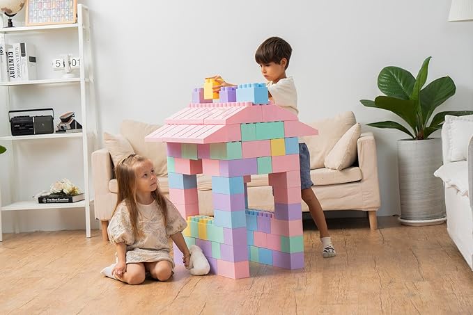 PLATPORTS 86-Piece Pastel Jumbo Big Blocks – Giant XL Pastel Building Blocks for Kids Ages 2–8, Large Plastic Construction Set for Indoor & Outdoor Play