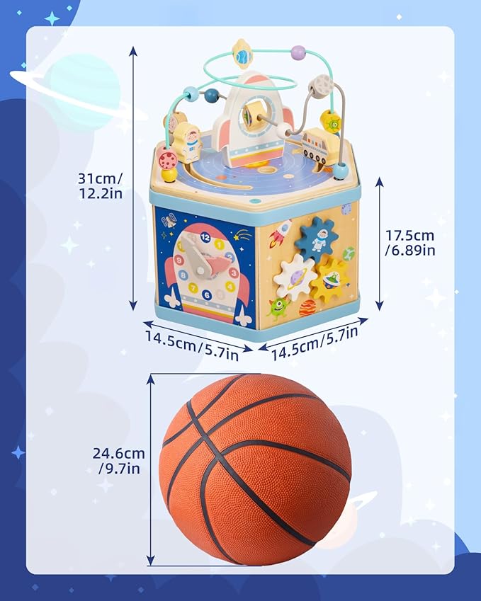 Large Wooden Space Activity Cube Toys, 9-in-1 Early Educational Montessori Learning Toys for 2 3 4 Toddlers with Abacus Bead Maze for 24+ Months Boys Girls First Birthday