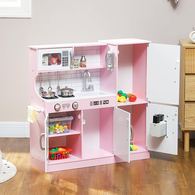 Qaba Play Kitchen, Kids Kitchen Playset Pretend Play Toy Kitchen with Play Phone, Chalkboard, Towel Rack, Ice Maker, 5 Accessories, Storage Space, Microwave & Sink, Gift for 3-8 Years, Pink
