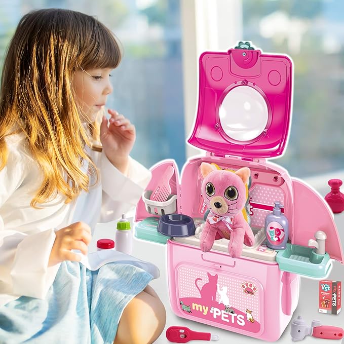 Pet Cat Carrier Backpack Toy, MAGIC4U 23PCS Pet Care Playset,Vet Clinic and Doctor Kit for Kids, Veterinarian Pretend Play Set for Boys and Girls Ages 3-6 Pink