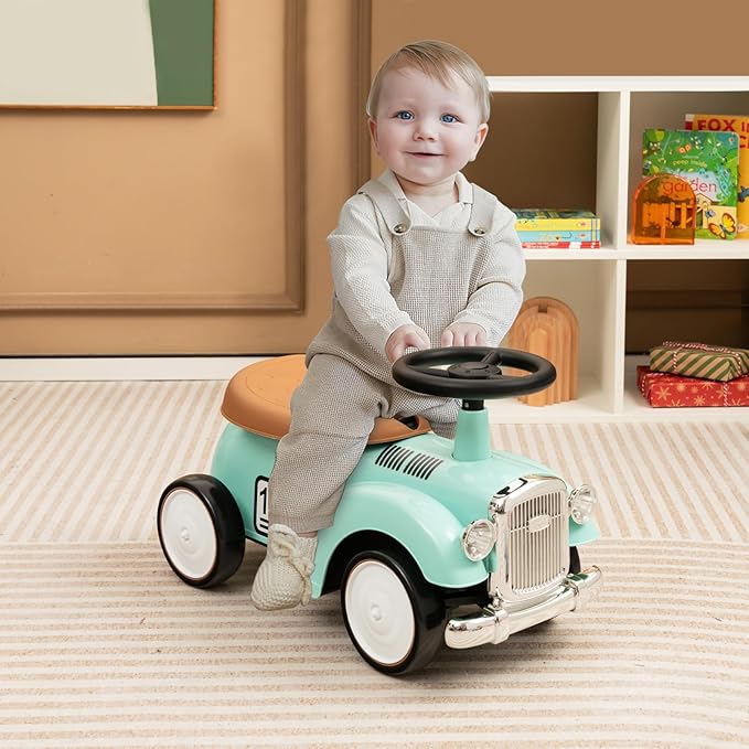 HONEY JOY Ride On Push Car, Outdoor Toddler Riding Toys w/Steering Wheel, Horn & Storage, Foot-to-Floor Sliding Car, No Batteries, Retro Baby Ride On Toys for Boys and Girls (Green)