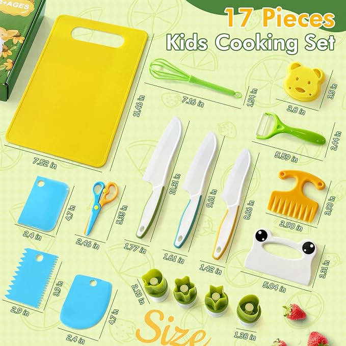 Chanking 17 Pieces Kids Knife Set for Real Cooking Child-Friendly Plastic Chef Tools, Montessori Kitchen Toys, Gifts for Boys and Girls Ages 4+