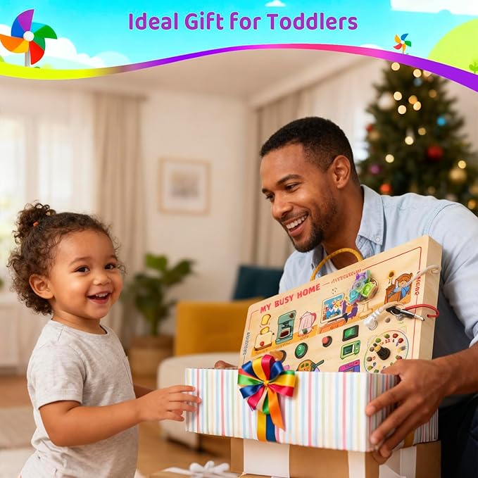 Montessori Wooden Busy Board for Toddlers 1-3 - Light Up LED Switch Sensory Board, Home Kitchen Themed Educational Learning Toy, Portable Travel Car Activities Gifts for 1 2 Year Old Boys Girls