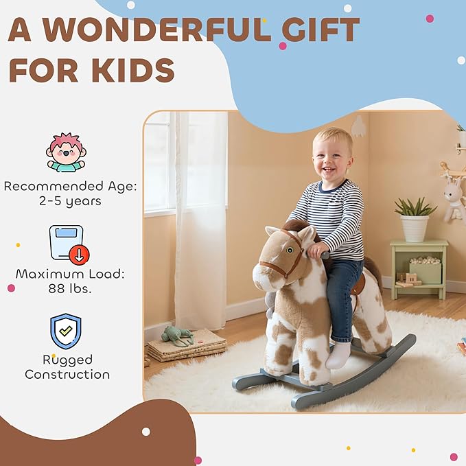 Qaba Rocking Horse, Kids Plush Animal Rocker with Realistic Neighing Sound for Toddlers 2–5 Years Old, Soft Filling Ride on Horse with Rabbit Toy, Light Brown
