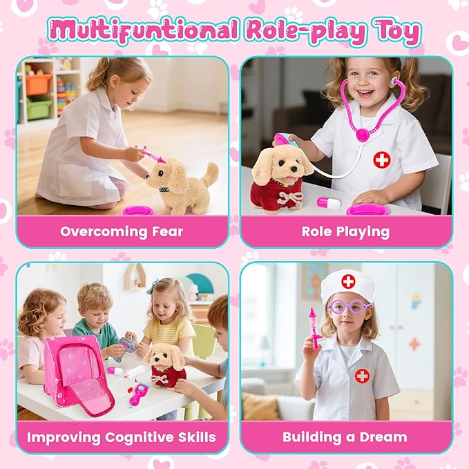 deAO Dog Toys for Kids Doctor Kit,Walking Barking Electronic Interactive Stuffed Dog with Veterinarian Costume, Pet Backpack, Pretend Play Vet Kit Christmas Birthday Gifts for Boys Girls 3+ Years Old