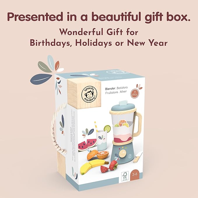 SPEEDY MONKEY Smoothie Maker Blender Set - FSC Wooden Food Blender Toy for Kids, Pretend Play Kitchen Appliance, Role Play Toy Mixer for Toddlers, Fun Fruity Smoothie Playset to Make a Healthy Shake