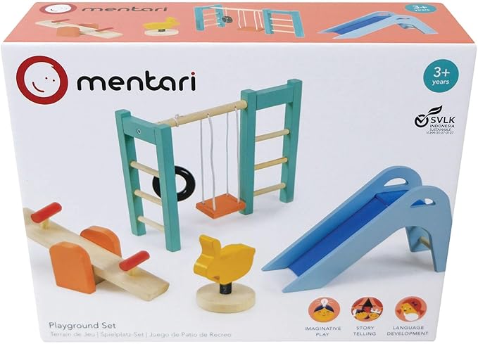 Mentari Toys - Playground Set - Wooden Playground Equipment for Doll House - Interactive Pieces for Small World Play - Encourages Fine Motor Skills and Imaginative Play in Boys and Girls - Age 3+