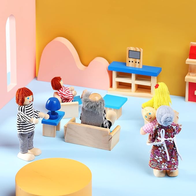 Sumind 35 Pcs Wooden Dollhouse Furniture Set with 8 Family Toys Family Set 27 Pcs Furniture Dollhouse Accessories for Boys Girls, Thanksgiving Christmas Birthday Gift(Classic Style)