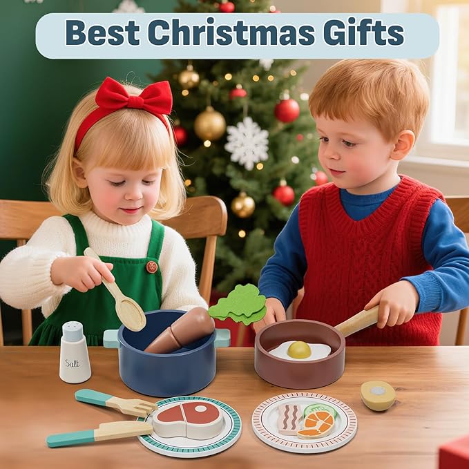 Lehoo Castle Wooden Play Kitchen Accessories, Play Pots and Pans Sets for Kids, Play Food Sets for Kids Kitchen, Montessori Food Toys for Toddlers 3-5, Gifts for Girls Boys