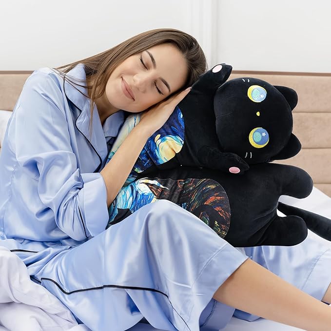 Mewaii Long Cat Plush 5 Sizes, 120% Extra Filling Giant Plushness Kids Body Pillow, Kawaii Cute Black Starry Cat Stuffed Animals Plushies, Big Long Body Pillow Cat Plush Gift for Girls 44”