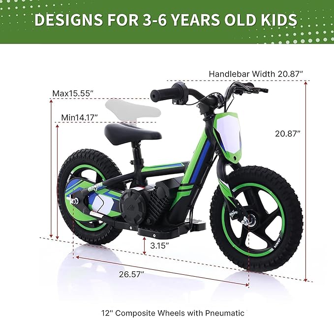 Electric Balance Bike for Kids 3 to 6 Years, Anti-Slip Grips, Adjustable Seat & Handler, Two Speed Safety Modes, Kid Electric Dirt Bike with 12” Off-Road Tires