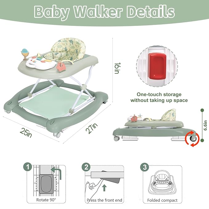 5 in 1 Foldable Baby Walker,Activity Baby Walker-Baby Bouncer,Rocker,Activity Center,Seat and Push Walker,Detachable Footrest Mat,Adjustable Speed Rear Wheels and Height,Ages 6-18 Months (Light Green)