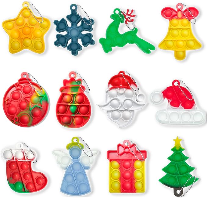 Christmas Mini Push Pop Bubble Fidget Toy, Keychain Bubble Pop Desk Toy, Fidget Keychain Relieve Anxiety Stress Pop Fidget Toy (12pcs)
