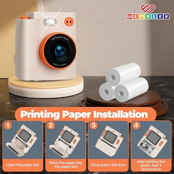 Wembley Kids Instant Print Camera with Dual Lens, 48MP, 1080P HD, 2.4" IPS Screen, 16X Zoom, 32GB SD Card, Thermal Printing, 6 Pens, 4 Rolls, USB Type-C, for Girls & Boys- Cream