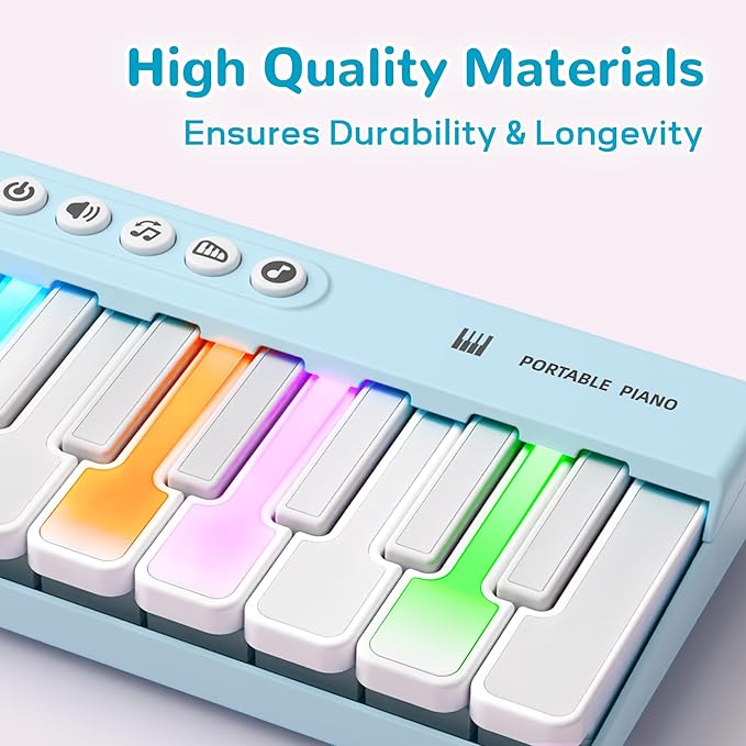 iPlay, iLearn Kids Mini Piano Toy W/Rainbow Lights, Toddler Pocket Travel Piano Keyboard for 1-3, Portable Musical Instrument Toys, Music Interactive Birthday Gift 2 4 5 6 Year Old Boy Girl Child-Blue