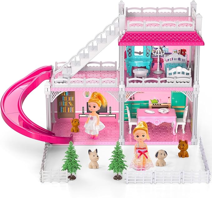 Dollhouses, Dreamhome Furniture Pink Girl Toys, 2 Stories 3 Rooms Dollshouse with 2 Princesses Slide Accessories, Toddler Playhouse Gift for for 3 4 5 6 7 8 9 10 Year Old Girls Toys