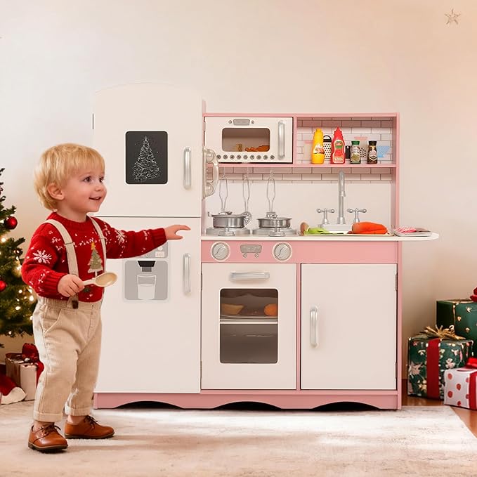 Kinder King Wooden Kids Play Kitchen, Toy Kitchen Playset for Toddler, Pretend Oven, Microwave, Telephone, Chalkboard, Interactive Doors, Knobs, Realistic Kitchen Sets for Boys Girls Age 3+, Pink