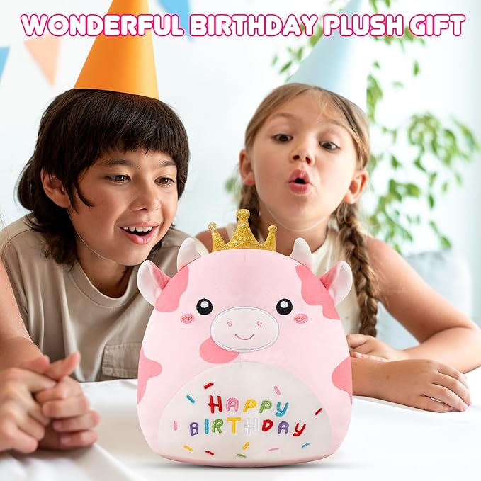 SQEQE Cow Stuffed Animal Soft Cow Stuffed Toy Birthday Party Decoration Gift Kawaii Pink Cow Plushie with Golden Crown for Kids Girls Boys(Pink Cow,10 Inch)