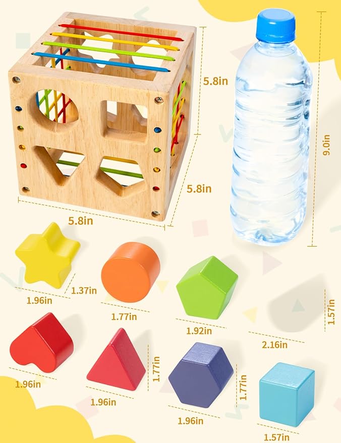 Montessori Toy for Toddlers, Shape Sorter for Babies, Wooden Shape Sorting Cube with 8 Rattling Blocks Baby Toys, Educational Learning Toy, Best Gift for Your Babies Boys Girls