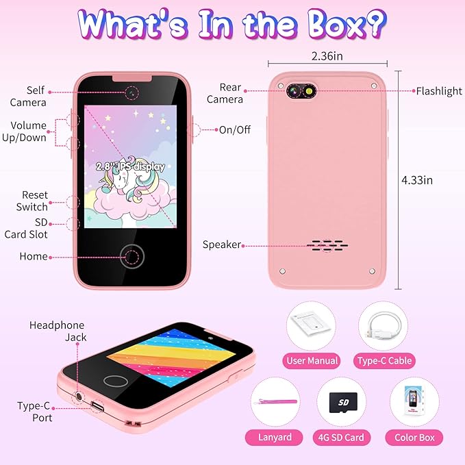 Kids Phone for Girls Aged 3-6 with Dual Camera, Touchscreen Toy Phones for Kids MP3 Music Player 13 Puzzle Games, Educational Toys Christmas Birthday Gifts for Girls Ages 3 4 5 6 7 with SD Card Pink