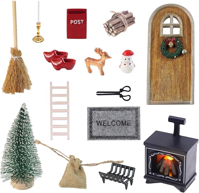 15Pcs Christmas Fairy Door Decorations, Mini Wooden Enchanted Doors, DIY Dollhouse Accessories for Decoration, Tiny Outdoor Decor for Girl Boys Xmas Accessories Fairy Tale