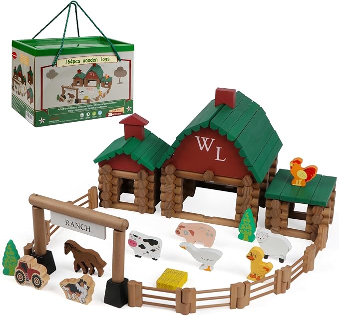 Wondertoys 164 Pcs Wooden Log Set Ranch Real Wood Logs Classic Building Log Ages 3+ Best Retro Farm Building Gift Set Creative Construction Engineering Educational Gifts
