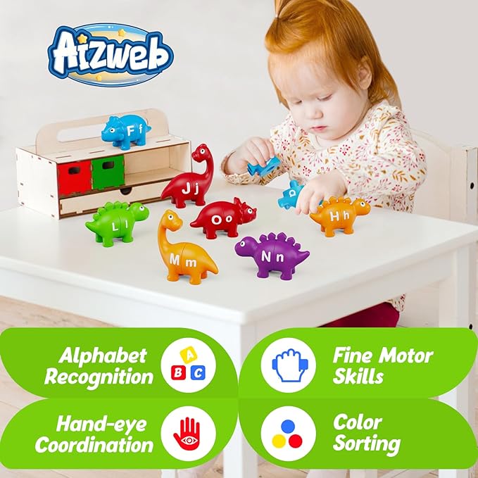 Aizweb Alphabet Learning Toys,Dinosaur Color Sorting Matching Letter Game for Toddlers,Preschool Kindergarten Learning Activities Classroom Must Haves,Montessori Educational ABC Fine Motor Skills Toys