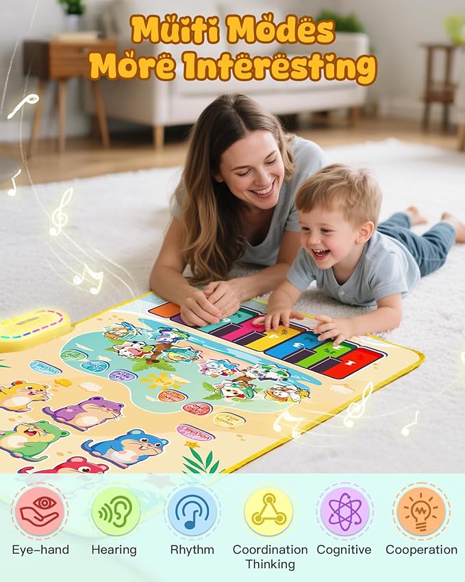 3-in-1 Piano Mat for Toddlers: Exclusive Light Up Whack A Mole Game with Hammers & Piano Keyboard & Animal Sound Musical Mat, Early-Educational Music Toy, Birthday Xmas Gift for Boys & Girls