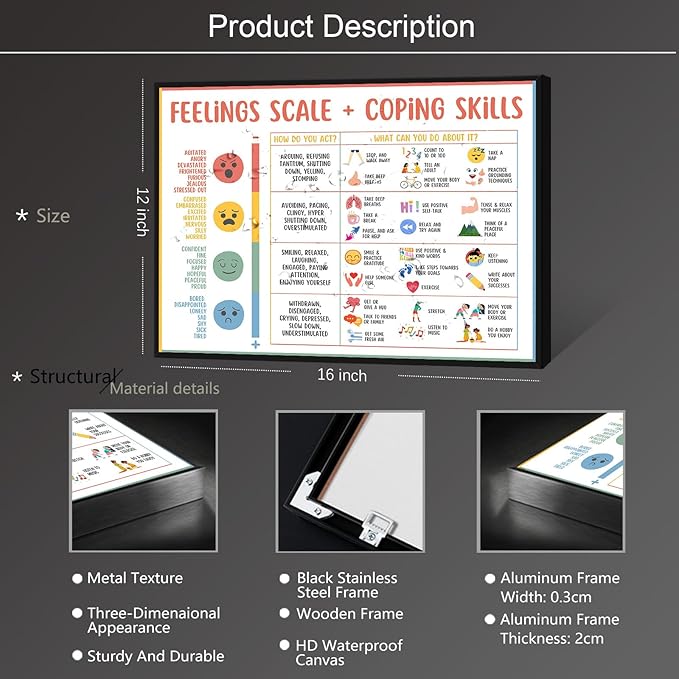 uoyien Feelings Chart For kids Mental Health Posters Help Students Understand Emotions Poster Calm Corner Special Education Classroom Decorations Preschool Classroom Supplies Metal Framed 12x16in