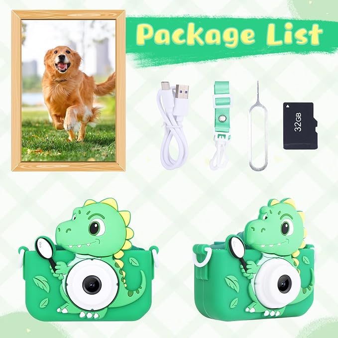 Dinosaur Toys Camera for Kids Boys Age 3-8, Toddler Kids Digital Camera Christmas Birthday Gifts for 3 4 5 6 7 8 Years Old Boy, Cute Selfie Video Camera, HD 1080P, 32GB SD Card Included