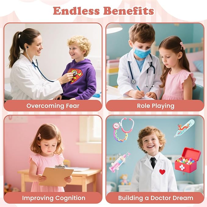 KOTEK Kids Doctor Play Set with 24 PCS Accessories, Wooden Medical Station with Eye Chart, ECG Monitor, X-Ray Film, Pretend Play Hospital Center for Toddlers, Toy Doctor Kit for Girls Boys (Pink)