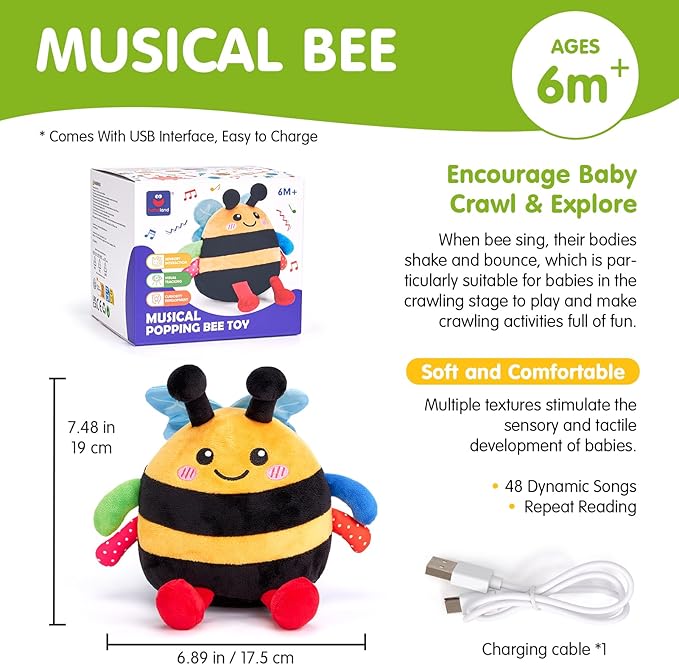 hahaland Baby Toy for 6 + 12 18 Months – Crawling Musical Dancing Bouncing Learning Bee Plush, Interactive Tummy Time Toy for 1 2 3 Year Old Boys Girls Birthday Baby