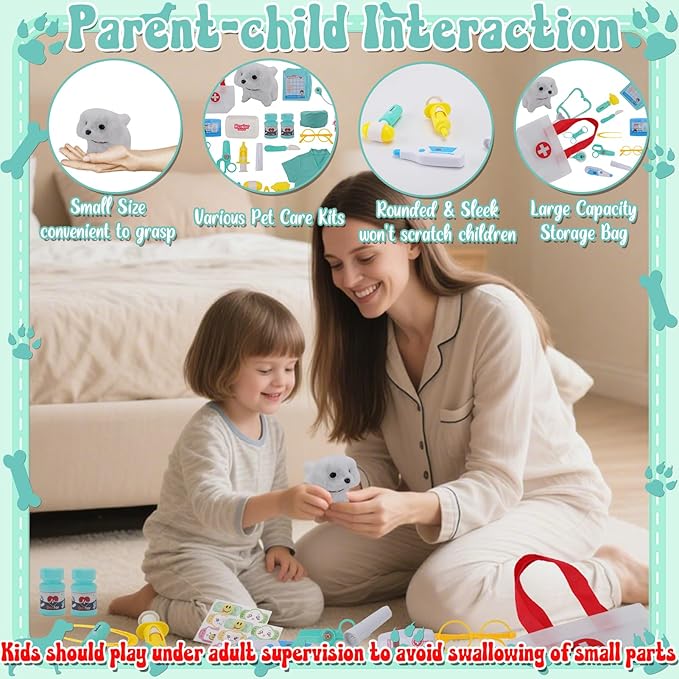 TEUVO Toy Doctor Kit for Girls - Pretend Play Doctor Set with Dog Toy, Carrying Bag & Stethoscope & Dress Up Costume - Toys Doctor Play Gift for Kids Toddlers Ages 1 2 3 4 5 6 7 Year Old for Role Play