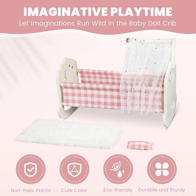 Wooden Baby Doll Crib Set, Baby Doll Bed Toys for 18 Inch Dolls, with Bedding and Canopy, Baby Doll Furniture Accessories