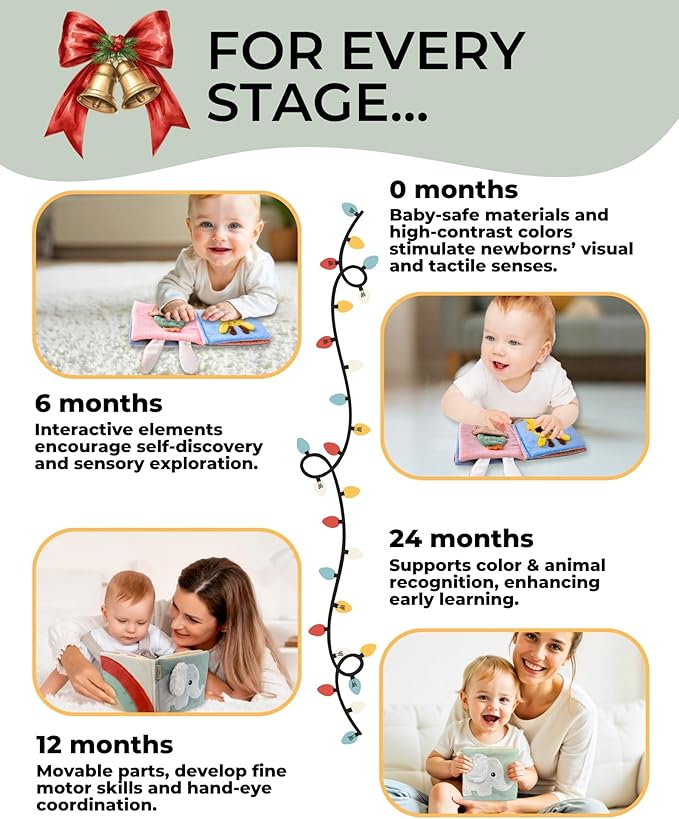 Cute Soft Baby Book with Mirror, Activities, Touch and Feel & Crinkle Pages - Interactive Sensory Cloth Toy for Babies 0-6, 6-12 & 12-18 Months - Adorable Animal Themes for Early Development