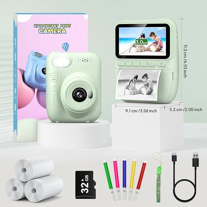Kids Camera Instant Print | Birthday Graduation Gifts for Kids Age 3 4 5 6 7 8 9 | Toddler Portable Travel Print Digital Camera Outdoor Toy for 3-12 Boys Girls (Green)