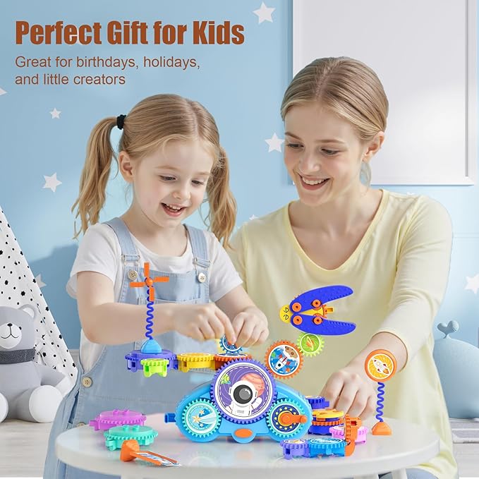 STEM Gears Toys for Kids Ages 3+, Creative Learning Building Blocks, 20Pcs Educational Construction Toy Set, Electric & Manual Dual Mode, Versatile Gear Playset Gift for Boys & Girls