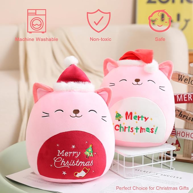 SQEQE Christmas Cat Stuffed Animal Pink Cat Plush Wearing Red Hat Kawaii Plushie Toys Soft Home Plushie Decoration Gifts for Boys Girls (Caticorn, 10 Inch)