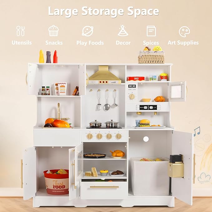 Kinder King Wooden Kids Play Kitchen, Toy Kitchen Playset for Toddler, Play Kitchen Set w/Real Sounds, Pretend Coffee Machine, Kitchen Hood, Sink, Ice Maker, Gift for Boys Girls Age 3+, White