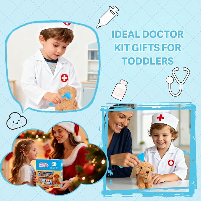 Doctor Kit for Toddlers 3-5 - Doctor Toys for 3 4 Year Old Boys Girls, Pretend Play Medical Kit with Dog, Carrying Bag, Dress Up Costume, Stethoscope, Role Play Birthday for Kids 5 6 7