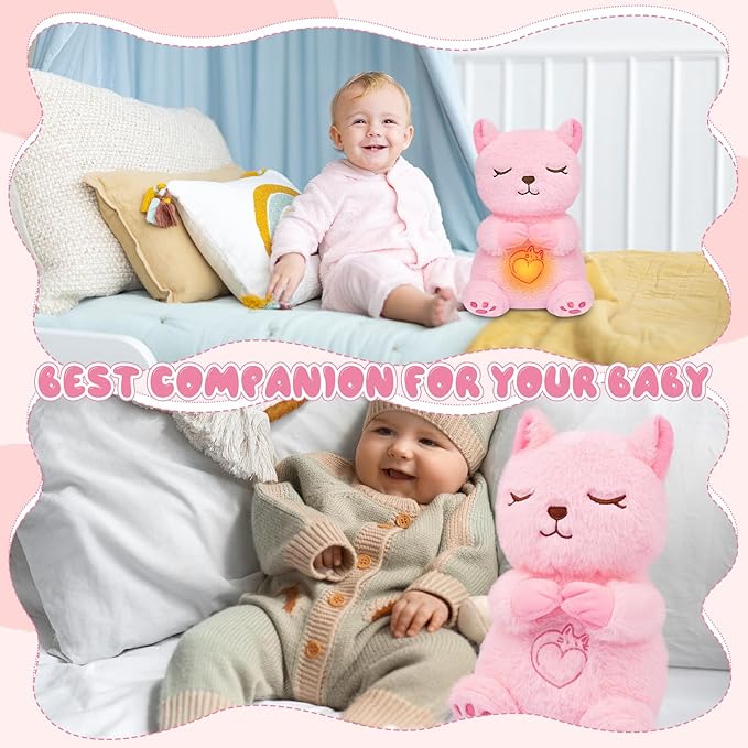 Breathing Stuffed Animal, Pink Cat Plush Baby Toy, Soothing Sound Machine with Music Lights & Breathing Motion for Kids Boys Girls