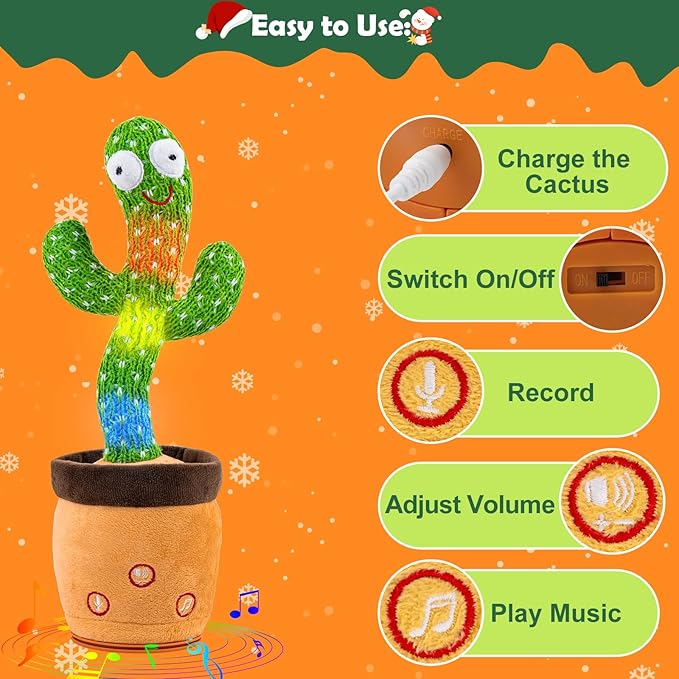 Rechargeable Dancing Talking Cactus Toy for Baby Toddler, Singing Mimicking Recording Repeating with 120 Songs, tummy time toys for Girls Boys, Birthday or Chirstmas Gifts, Stocking Stuffers for Kids
