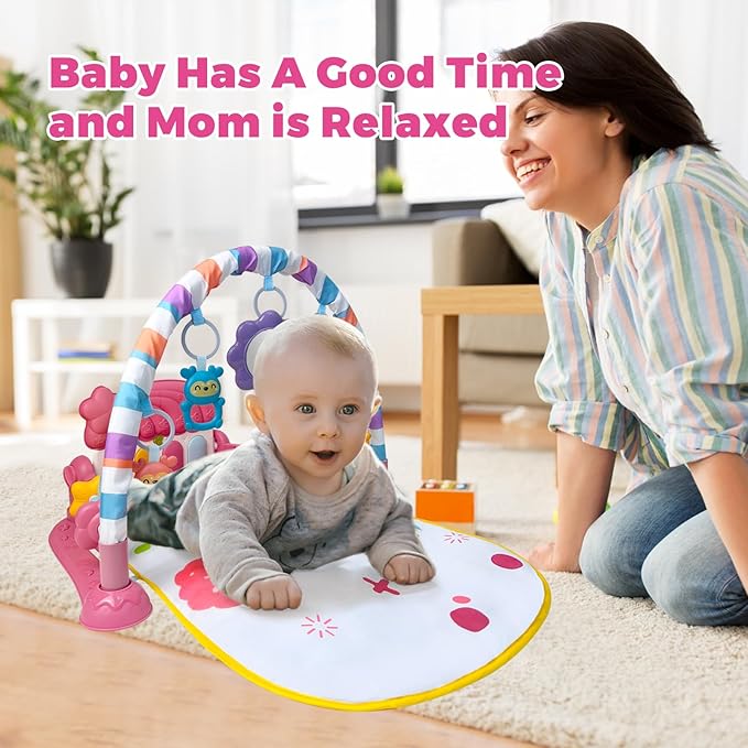 Baby Gym Play Mat, Musical Activity Center for Baby, Kick and Play Piano Gym, Tummy Time Play Mat for Newborn Babies Infants Boys Girls 0-3-6-9-12 Months (Pink)