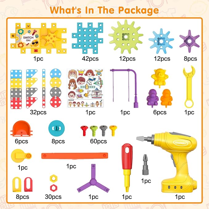 Building Toys, 234 Pieces Upgrade Gear Building Blocks Set Kids Tool Set with Electric Drill, Construction Toys STEM Kits for Kids Age 3+