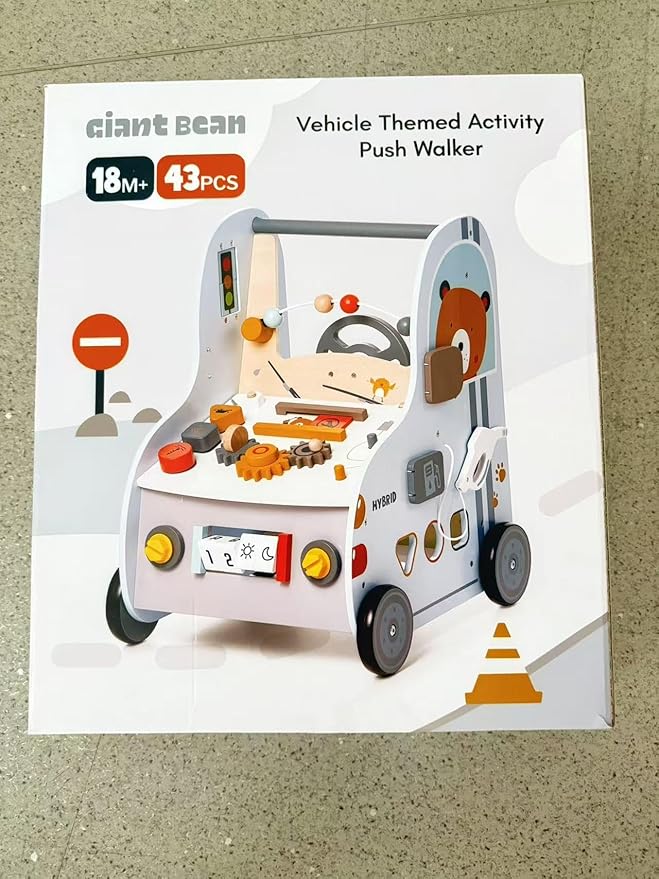 Giant bean Wooden Baby Push Walker with Activity Cube β Car Traffic Theme Tool Bench Shape Sorter, Steering Wheel Gears, Montessori Christmas Toy for Toddler 1-3, Walking Toy Speed Adjustable