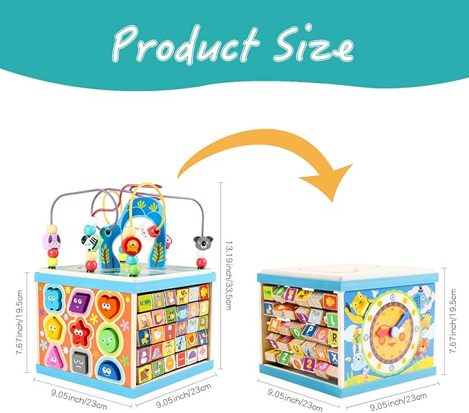 Qilay Wooden Activity Cube for Toddlers, 5 in 1 Multipurpose ABC-123 Abacus Early Educational Montessori Toys, Learning Toys for 3 Year Old | Bead Maze, Great for Boys Girls