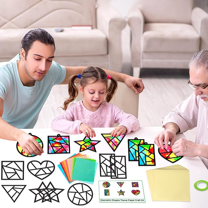 Qyeahkj 36 Set Geometric Shapes Suncatcher Crafts for Kids DIY Star Window Tissue Paper Craft Kit Triangle Heart Hanging Decor for Summer School Home Activity Art Project Birthday Party Favor Gift