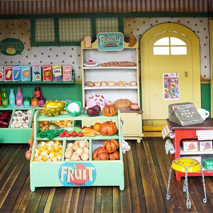 Shop Dollhouse Craft Kit – Easy to Build & Paint Miniature Store | Cardboard Room + 4 Wooden Pieces + Decoration Sheets | 1:12 Scale | Sam & Julia's Mouse Mansion